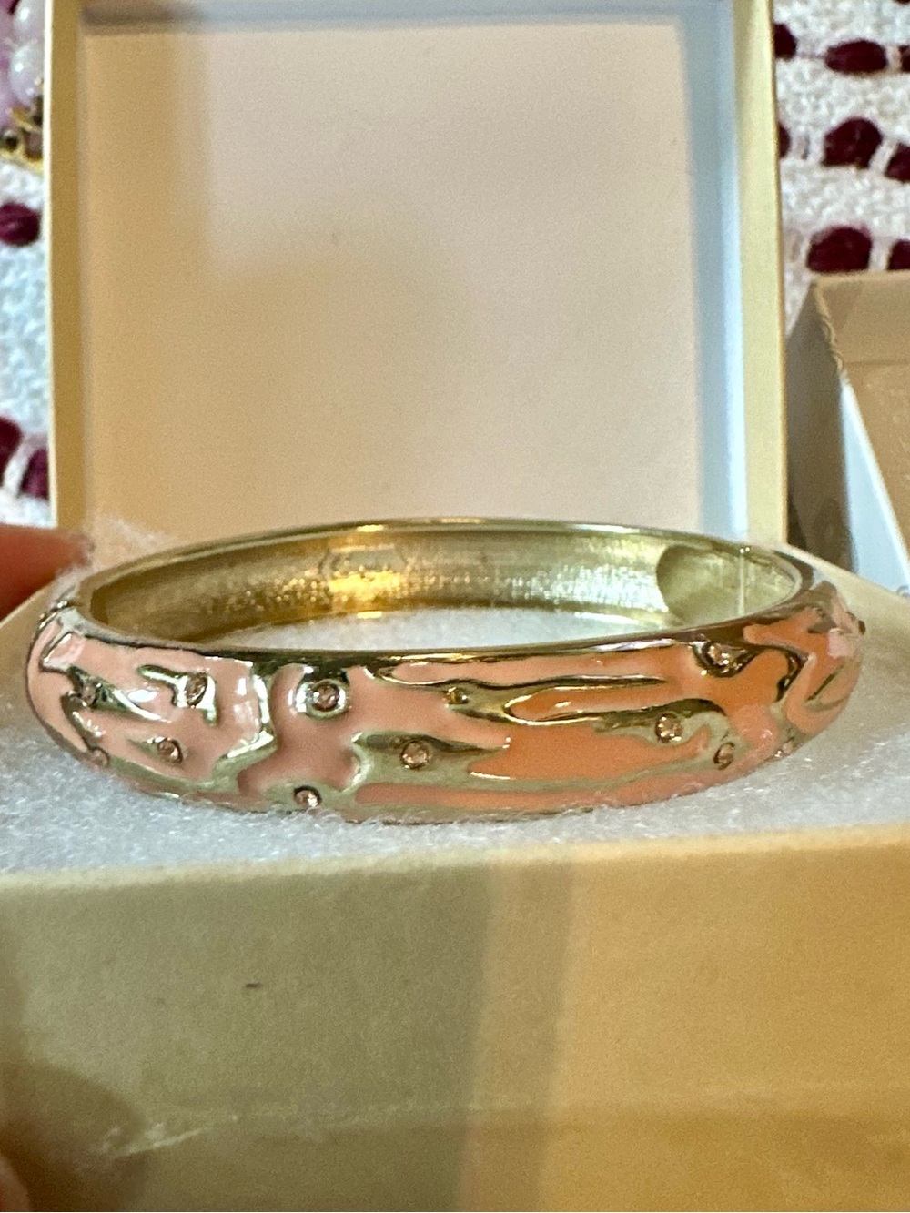 Sequin Pink beige Enamel Bangle Bracelet with Silver wave Smokey diamonds Accent